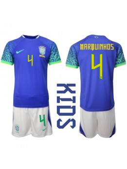 Billige Brasil Marquinhos #4 Bortedraktsett Barn VM 2022 Kortermet (+ Korte bukser)